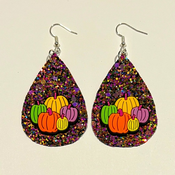 Dynamic Duo Designs Jewelry - Multi colored Pumpkin patch glitter faux leather teardrop earrings